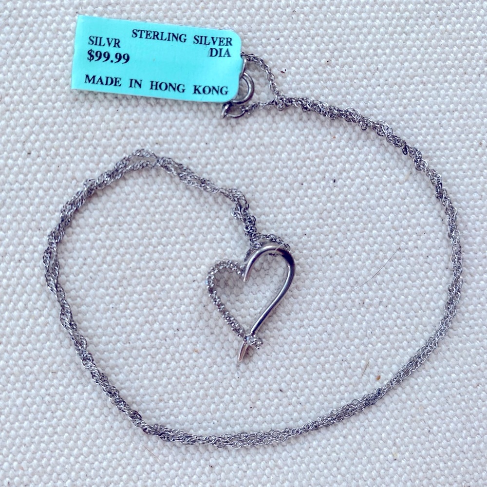 Sterling Silver Dainty Asymmetrical Diamond Encrusted Heart Necklace